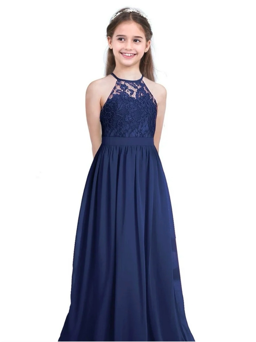 IEfiel Navy Lace Halter Maxi Dress for Girls size 10 NWT